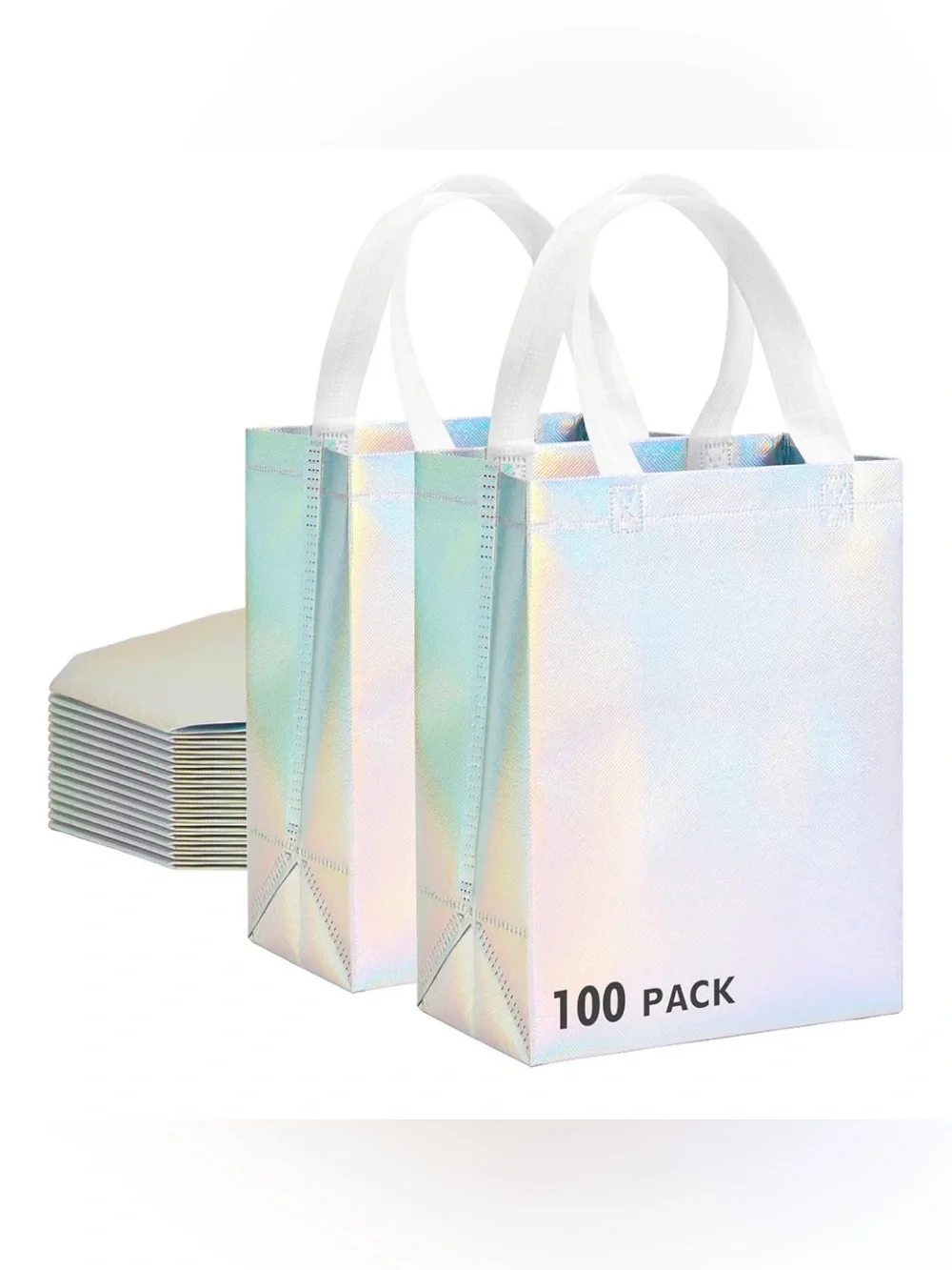 100 Pcs Iridescent Glossy Reusable Gift Bags Medium Size, 8x4x10